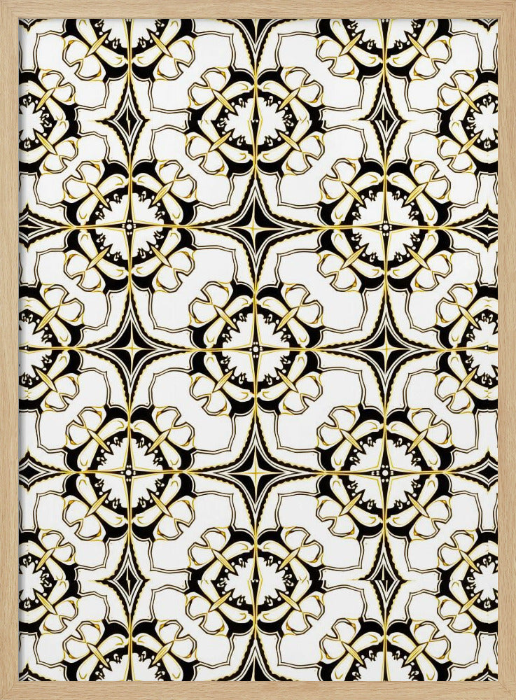 Geometric Pattern with Intricate Black and White Floral Motifs - Stretched Canvas, Poster or Fine Art Print I Heart Wall Art