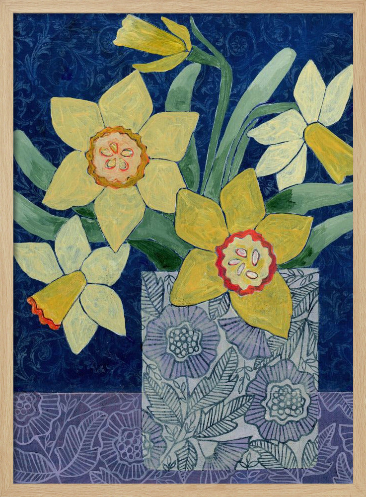 Daffodils In A Patterned Vase - Stretched Canvas, Poster or Fine Art Print I Heart Wall Art