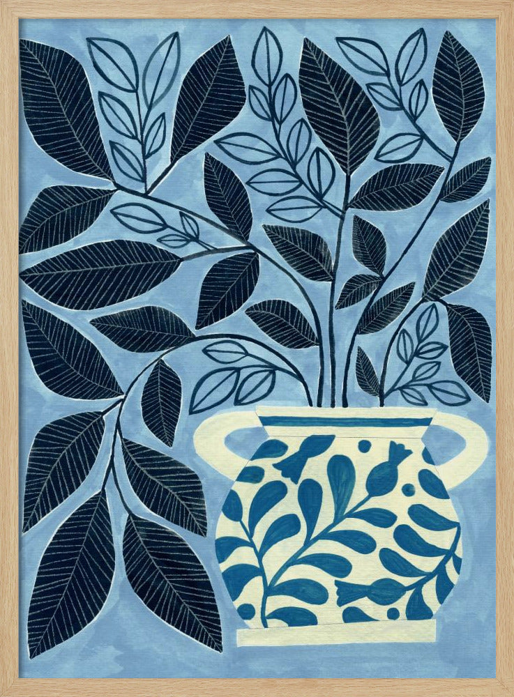 Stylized Blue Leaves In A Decorative Vase - Stretched Canvas, Poster or Fine Art Print I Heart Wall Art