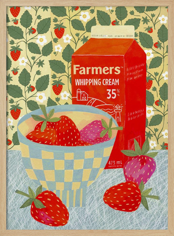 Strawberries In A Checkered Bowl - Stretched Canvas, Poster or Fine Art Print I Heart Wall Art