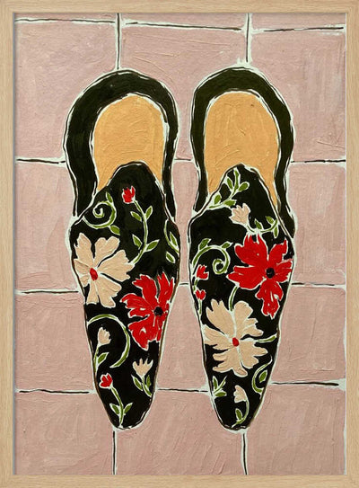 Black Shoes On Pink Tiles - Stretched Canvas, Poster or Fine Art Print