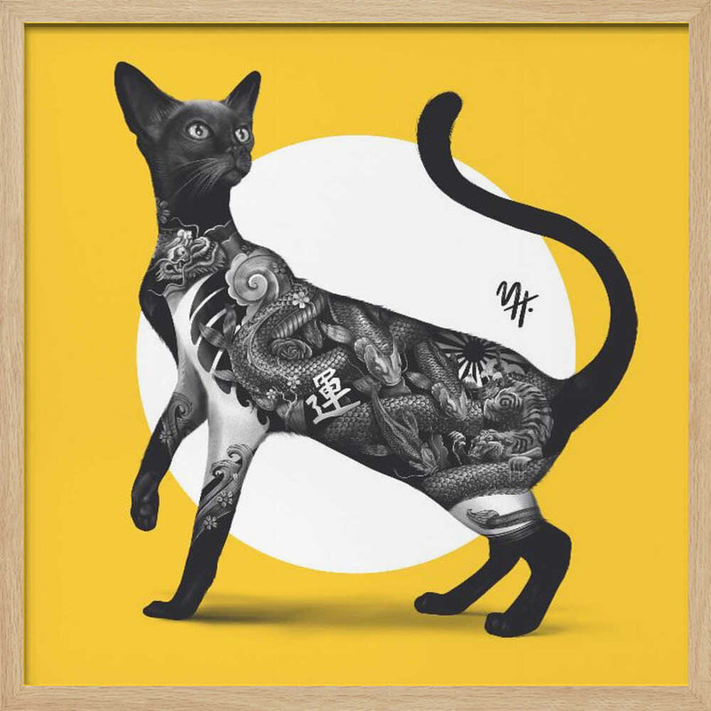 Japanese Cat Tattoo Yellow - Square Stretched Canvas, Poster or Fine Art Print