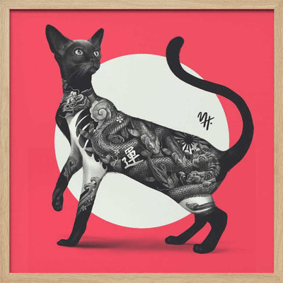 Japanese Cat Tattoo Red - Square Stretched Canvas, Poster or Fine Art Print