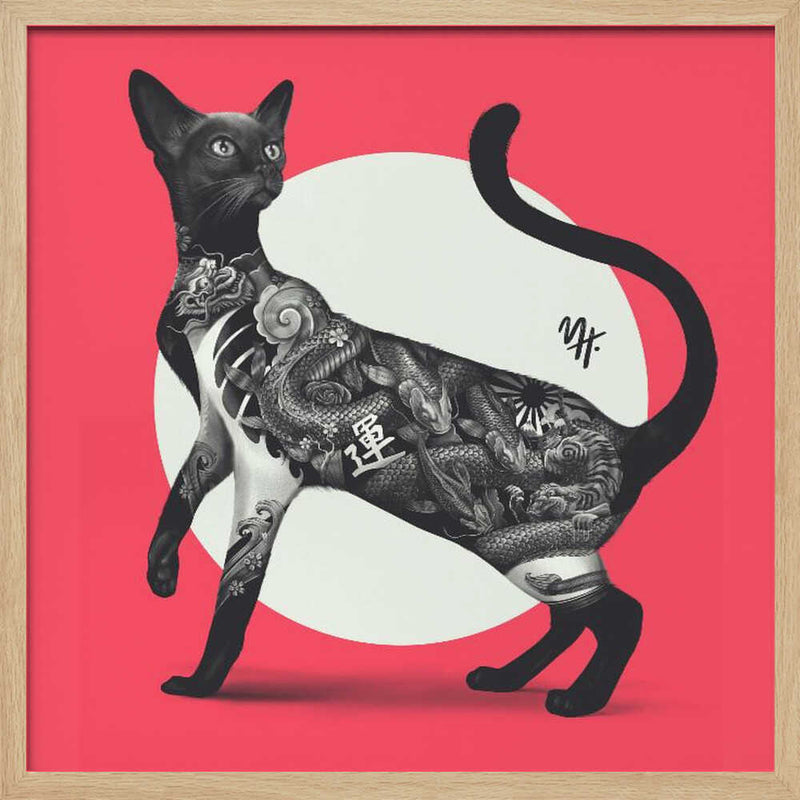Japanese Cat Tattoo Red - Square Stretched Canvas, Poster or Fine Art Print