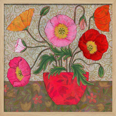 Colorful Poppies In A Red Vase - Square Stretched Canvas, Poster or Fine Art Print I Heart Wall Art