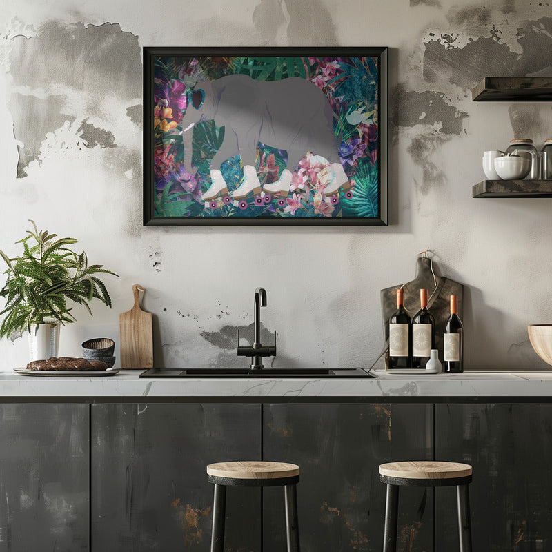 Elephant Rollerskating in the jungle - Stretched Canvas, Poster or Fine Art Print I Heart Wall Art