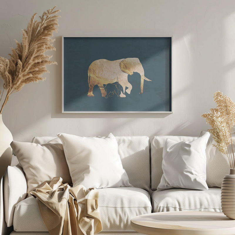 Gold Elephants Turquoise - Stretched Canvas, Poster or Fine Art Print I Heart Wall Art