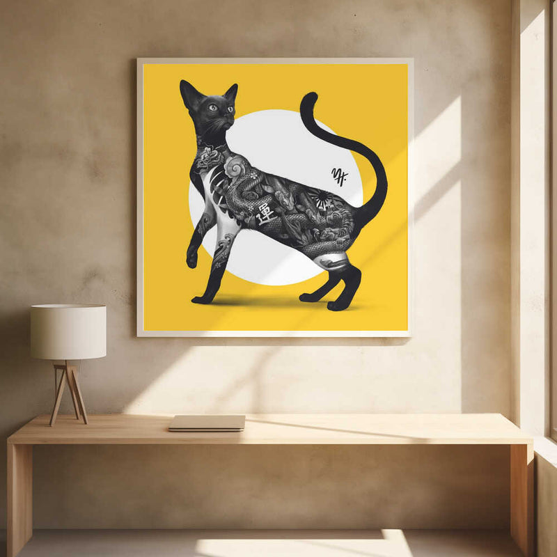Japanese Cat Tattoo Yellow - Square Stretched Canvas, Poster or Fine Art Print