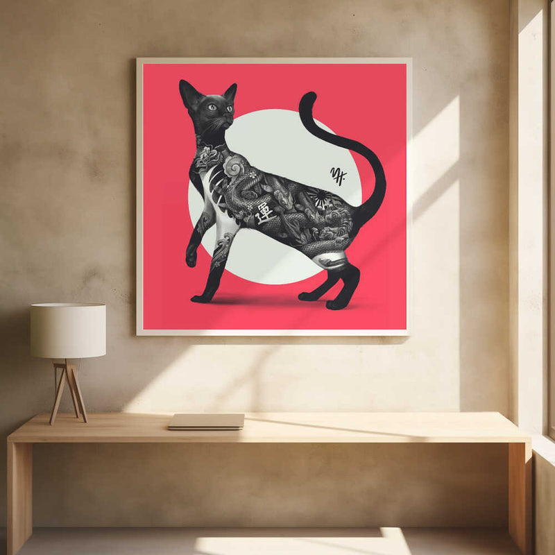 Japanese Cat Tattoo Red - Square Stretched Canvas, Poster or Fine Art Print