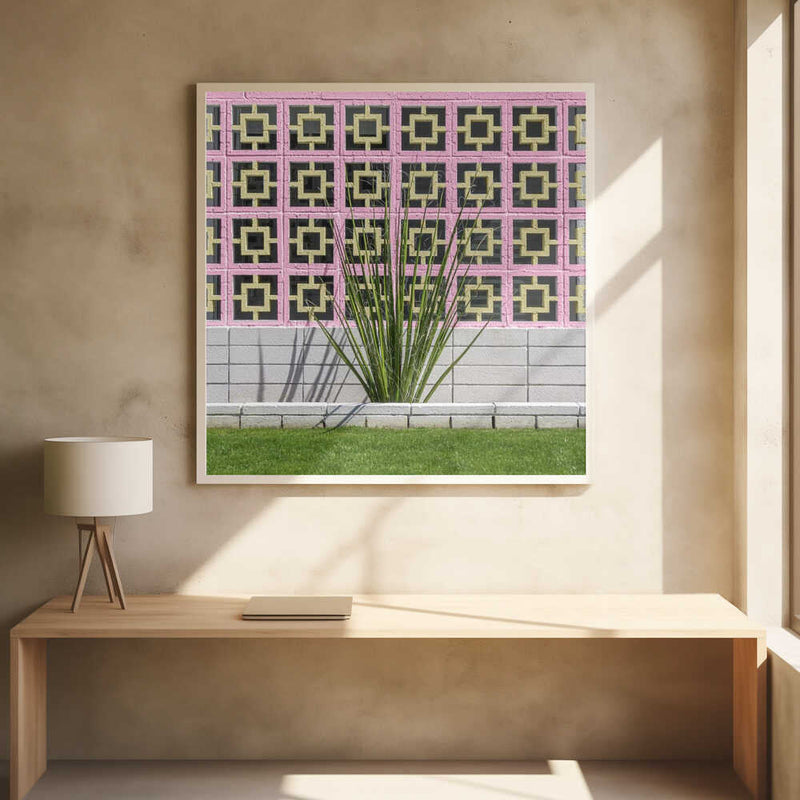 Mid-Century Breeze Block Wall with Cactus in Palm Springs, California - Square Stretched Canvas, Poster or Fine Art Print I Heart Wall Art