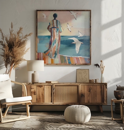 Woman and Seagull - Square Stretched Canvas, Poster or Fine Art Print I Heart Wall Art