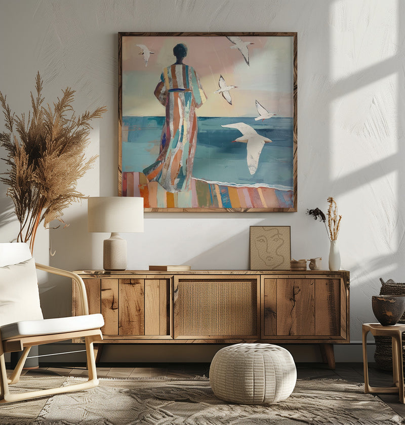 Woman and Seagull - Square Stretched Canvas, Poster or Fine Art Print I Heart Wall Art