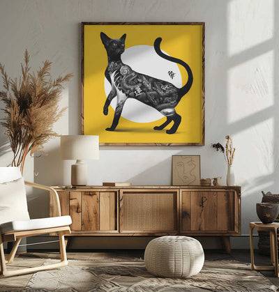 Japanese Cat Tattoo Yellow - Square Stretched Canvas, Poster or Fine Art Print