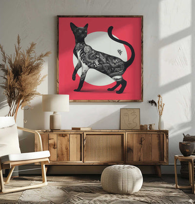 Japanese Cat Tattoo Red - Square Stretched Canvas, Poster or Fine Art Print