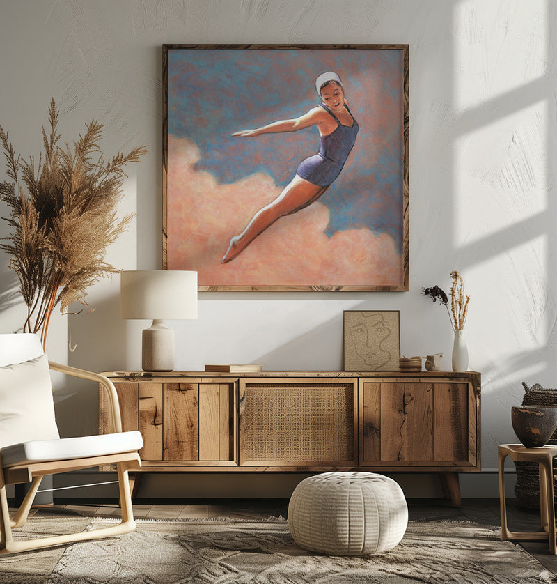 High Diver In Soft Clouds - Square Stretched Canvas, Poster or Fine Art Print I Heart Wall Art