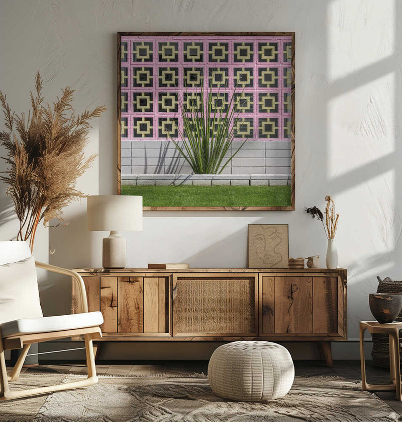 Mid-Century Breeze Block Wall with Cactus in Palm Springs, California - Square Stretched Canvas, Poster or Fine Art Print I Heart Wall Art