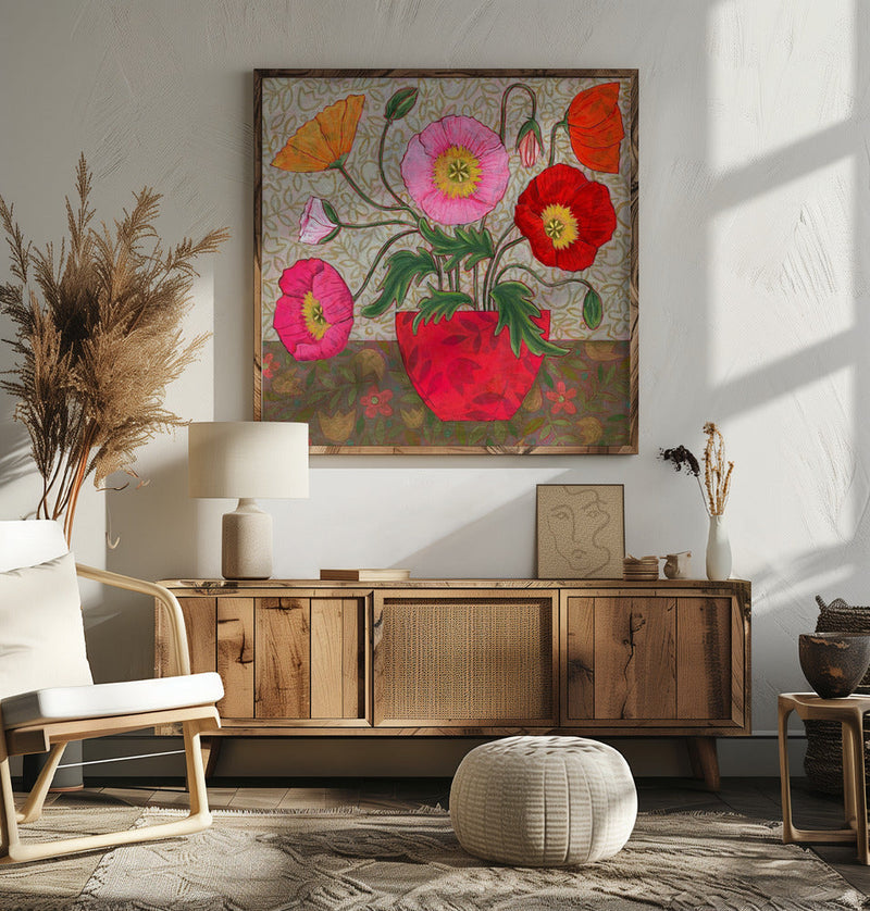 Colorful Poppies In A Red Vase - Square Stretched Canvas, Poster or Fine Art Print I Heart Wall Art