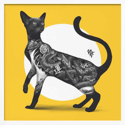 Japanese Cat Tattoo Yellow - Square Stretched Canvas, Poster or Fine Art Print