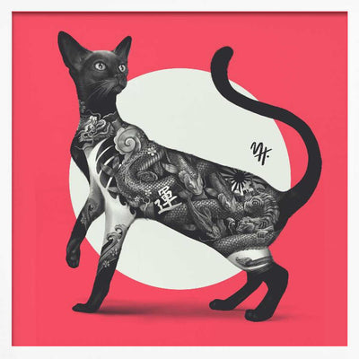 Japanese Cat Tattoo Red - Square Stretched Canvas, Poster or Fine Art Print