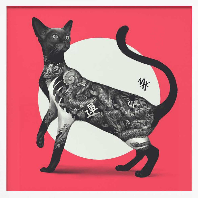 Japanese Cat Tattoo Red - Square Stretched Canvas, Poster or Fine Art Print