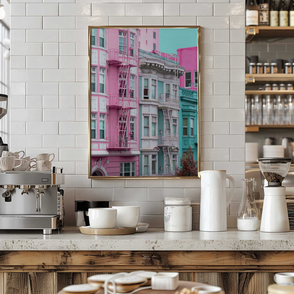 Pink and Blue Row Houses in San Francisco - Stretched Canvas, Poster or Fine Art Print - I Heart Wall Art - Poster Print, Canvas Print or Framed Art Print