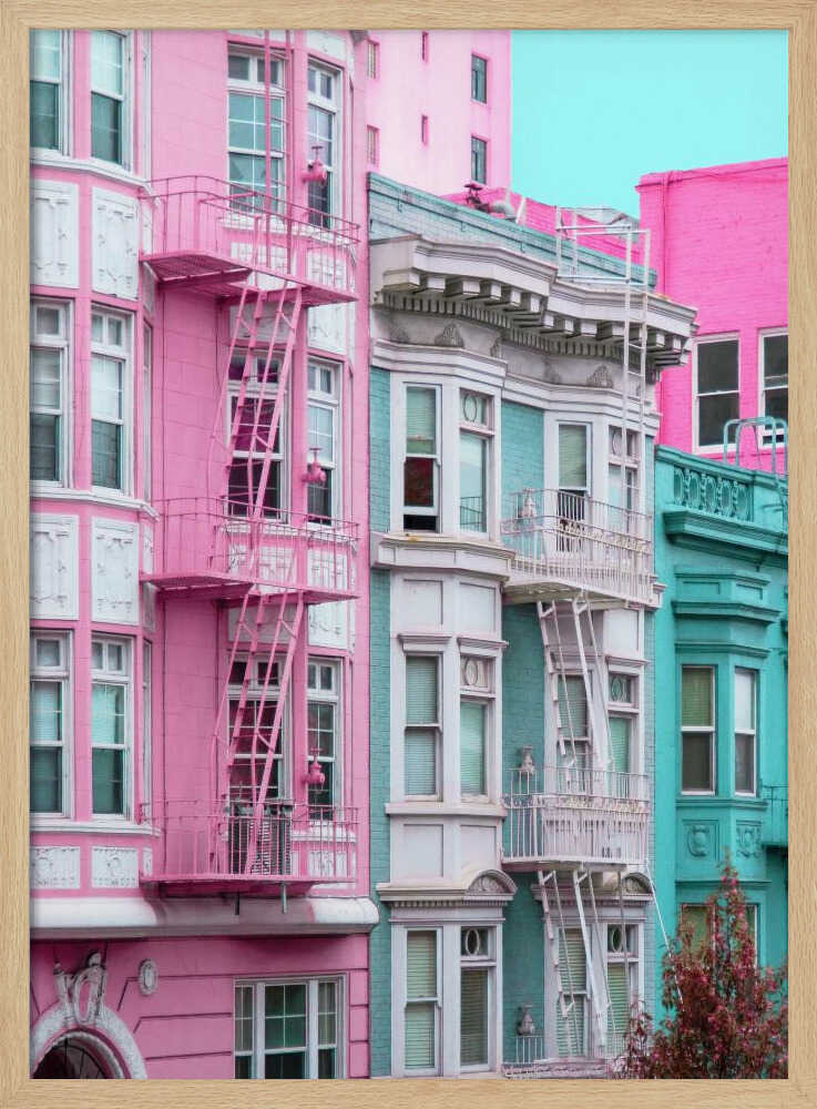 Pink and Blue Row Houses in San Francisco - Stretched Canvas, Poster or Fine Art Print - I Heart Wall Art - Poster Print, Canvas Print or Framed Art Print