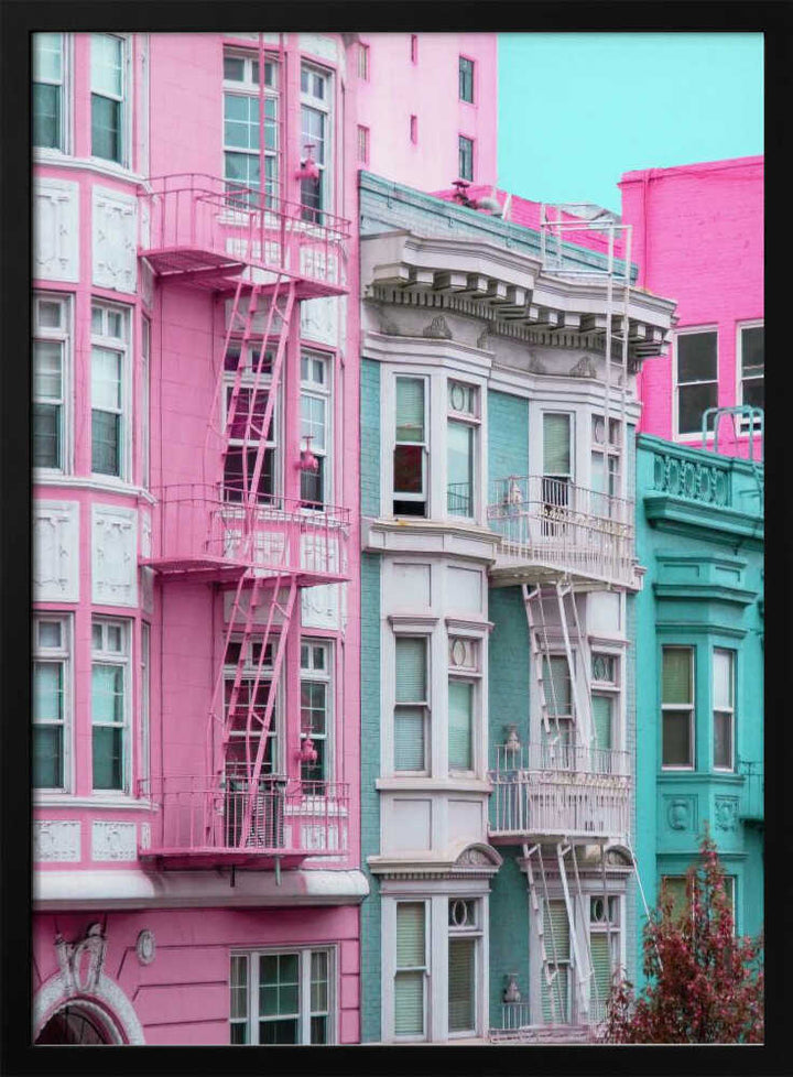 Pink and Blue Row Houses in San Francisco - Stretched Canvas, Poster or Fine Art Print - I Heart Wall Art - Poster Print, Canvas Print or Framed Art Print