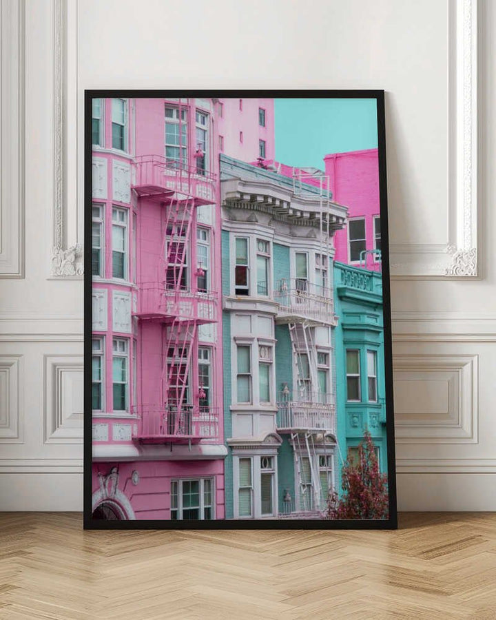 Pink and Blue Row Houses in San Francisco - Stretched Canvas, Poster or Fine Art Print - I Heart Wall Art - Poster Print, Canvas Print or Framed Art Print