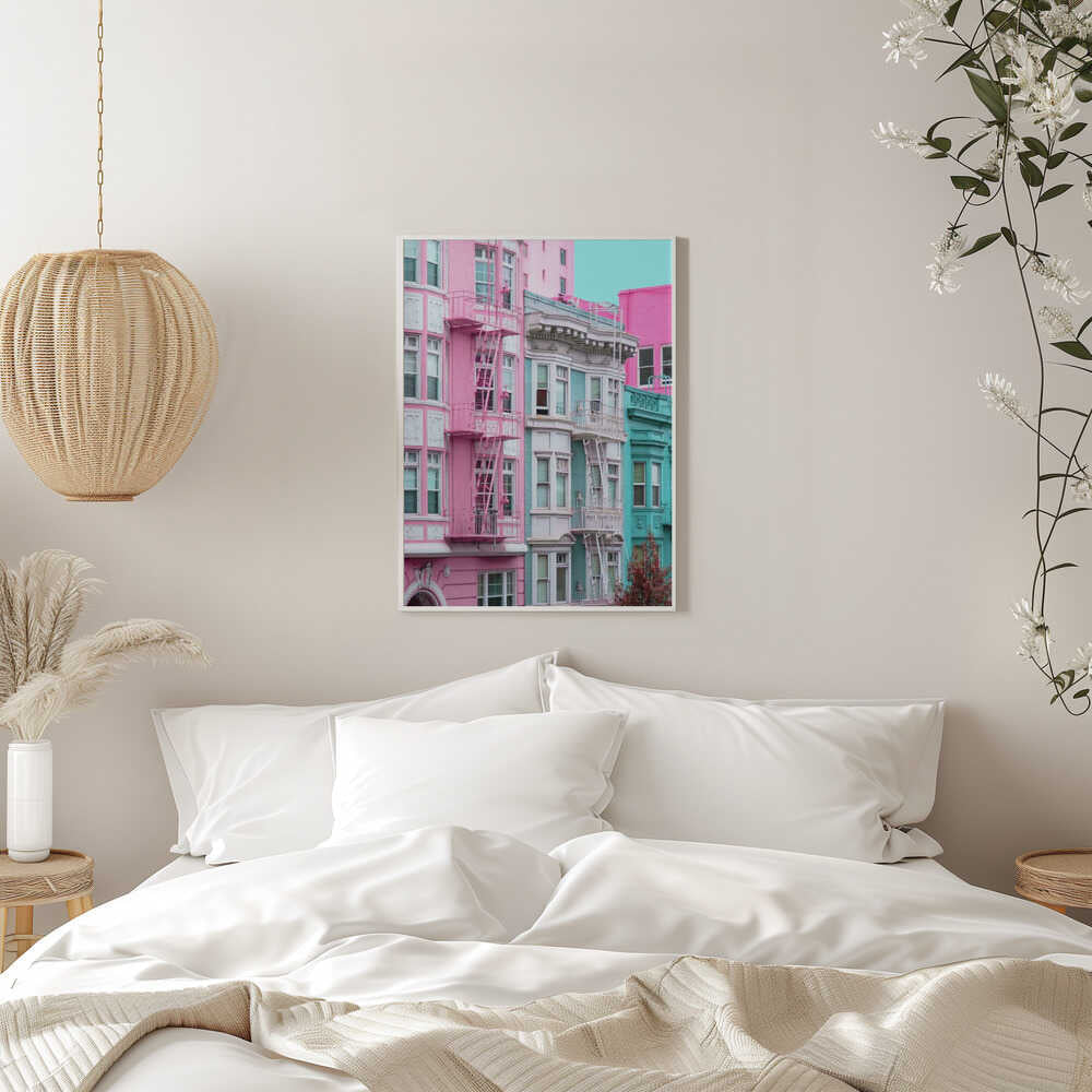 Pink and Blue Row Houses in San Francisco - Stretched Canvas, Poster or Fine Art Print - I Heart Wall Art - Poster Print, Canvas Print or Framed Art Print