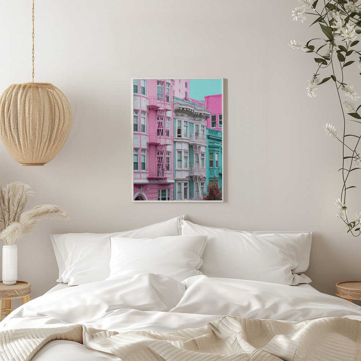 Pink and Blue Row Houses in San Francisco - Stretched Canvas, Poster or Fine Art Print - I Heart Wall Art - Poster Print, Canvas Print or Framed Art Print