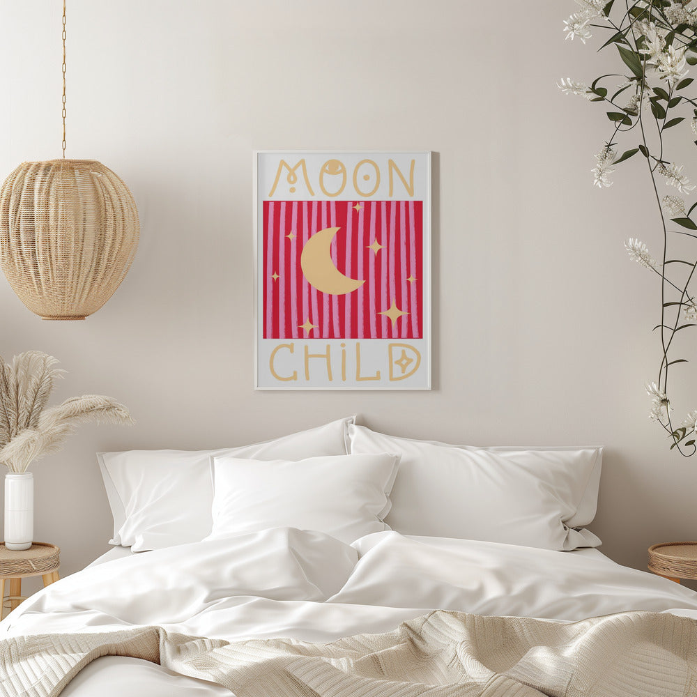 Pink and Red Moon Child - Stretched Canvas, Poster or Fine Art Print I Heart Wall Art