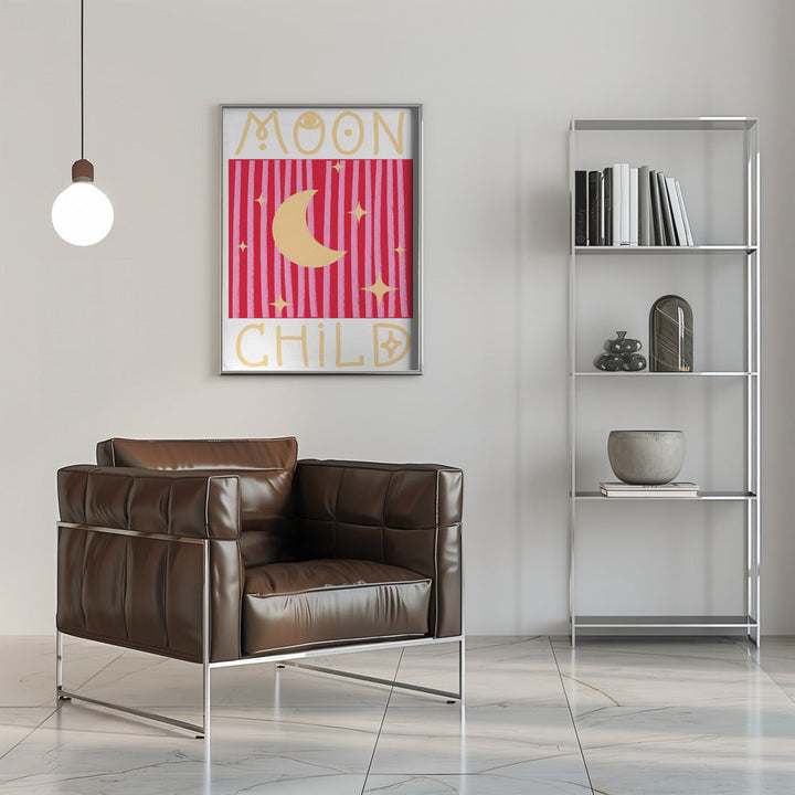 Pink and Red Moon Child - Stretched Canvas, Poster or Fine Art Print I Heart Wall Art