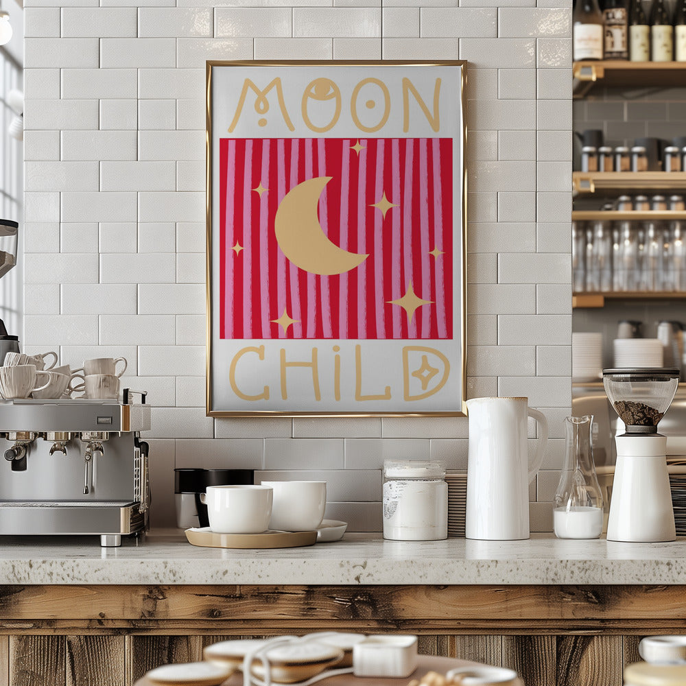 Pink and Red Moon Child - Stretched Canvas, Poster or Fine Art Print I Heart Wall Art