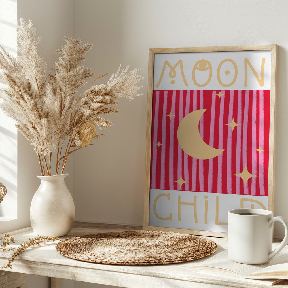 Pink and Red Moon Child - Stretched Canvas, Poster or Fine Art Print I Heart Wall Art