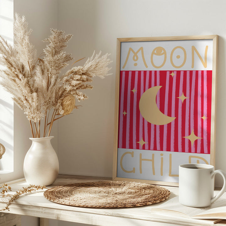 Pink and Red Moon Child - Stretched Canvas, Poster or Fine Art Print I Heart Wall Art