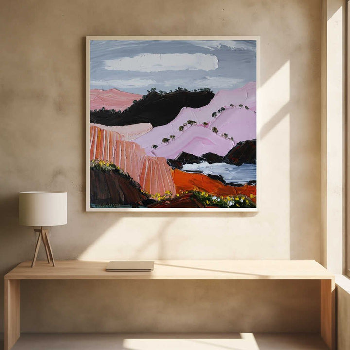 Pink Coastal Mountains - Square Stretched Canvas, Poster or Fine Art Print by Angela Hawkey - I Heart Wall Art - Poster Print, Canvas Print or Framed Art Print