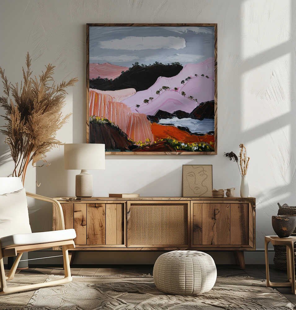Pink Coastal Mountains - Square Stretched Canvas, Poster or Fine Art Print by Angela Hawkey - I Heart Wall Art - Poster Print, Canvas Print or Framed Art Print