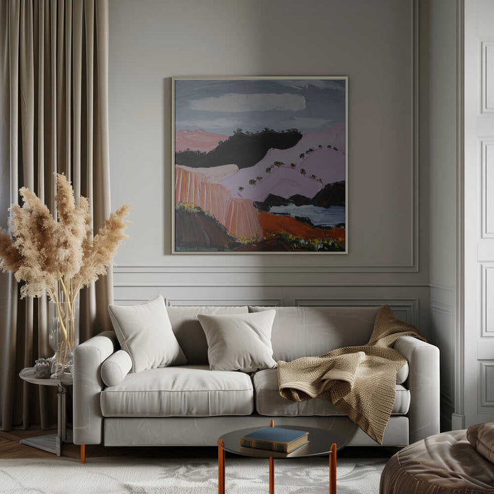 Pink Coastal Mountains - Square Stretched Canvas, Poster or Fine Art Print by Angela Hawkey - I Heart Wall Art - Poster Print, Canvas Print or Framed Art Print
