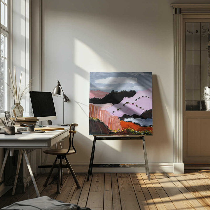 Pink Coastal Mountains - Square Stretched Canvas, Poster or Fine Art Print by Angela Hawkey - I Heart Wall Art - Poster Print, Canvas Print or Framed Art Print