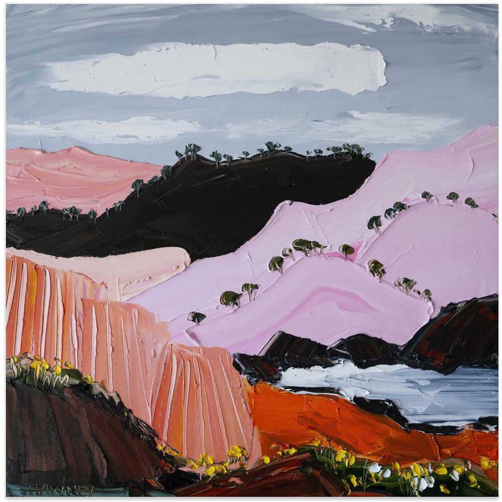 Pink Coastal Mountains - Square Stretched Canvas, Poster or Fine Art Print by Angela Hawkey - I Heart Wall Art - Poster Print, Canvas Print or Framed Art Print