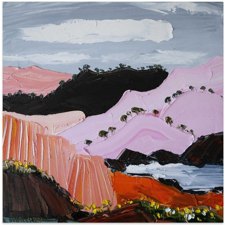 Pink Coastal Mountains - Square Stretched Canvas, Poster or Fine Art Print by Angela Hawkey - I Heart Wall Art - Poster Print, Canvas Print or Framed Art Print