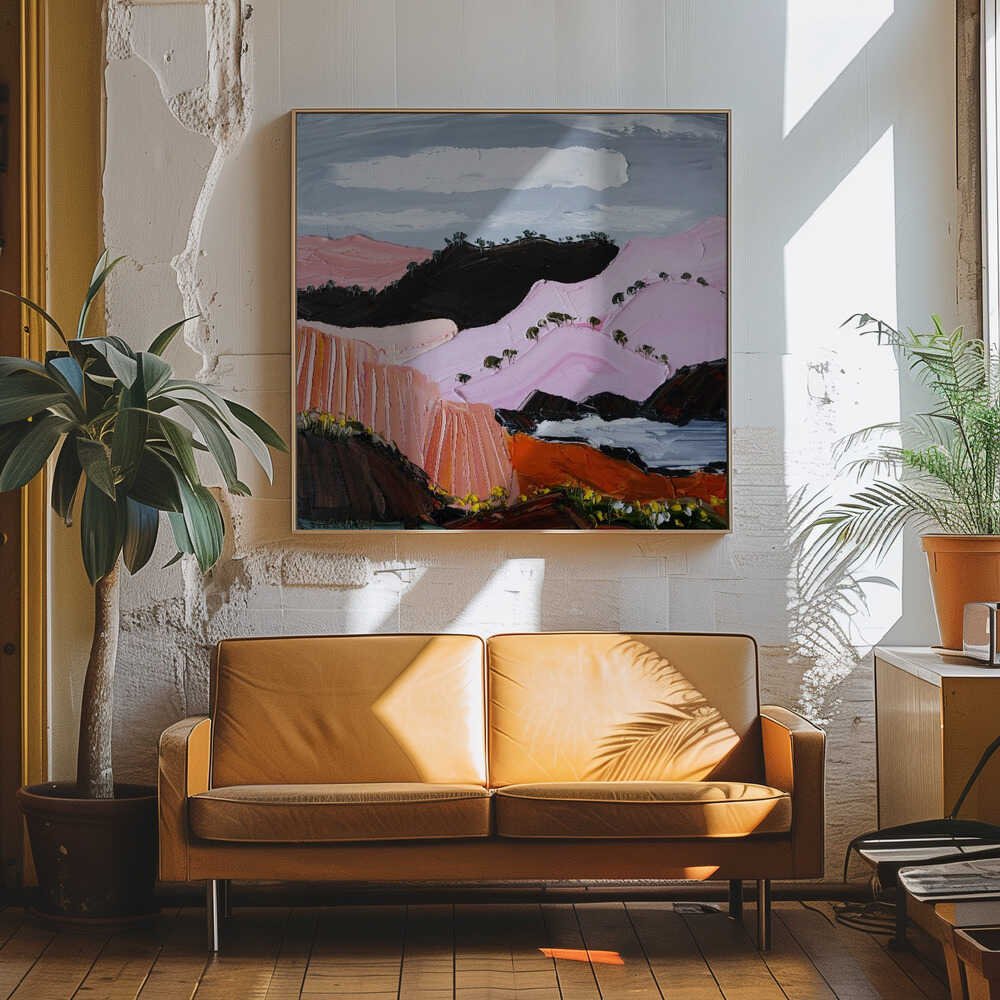 Pink Coastal Mountains - Square Stretched Canvas, Poster or Fine Art Print by Angela Hawkey - I Heart Wall Art - Poster Print, Canvas Print or Framed Art Print