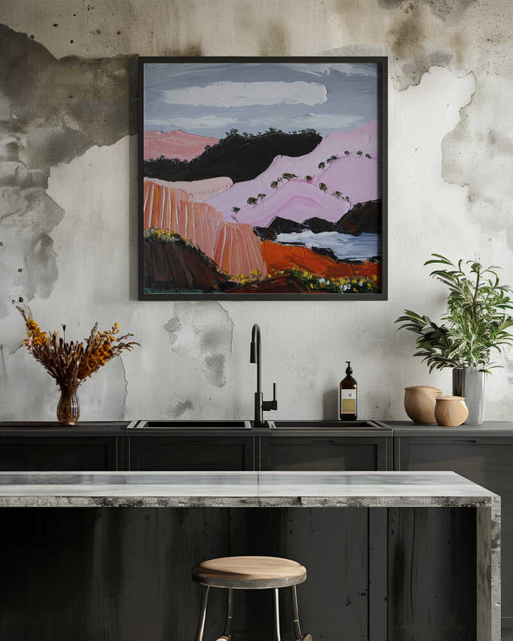 Pink Coastal Mountains - Square Stretched Canvas, Poster or Fine Art Print by Angela Hawkey - I Heart Wall Art - Poster Print, Canvas Print or Framed Art Print