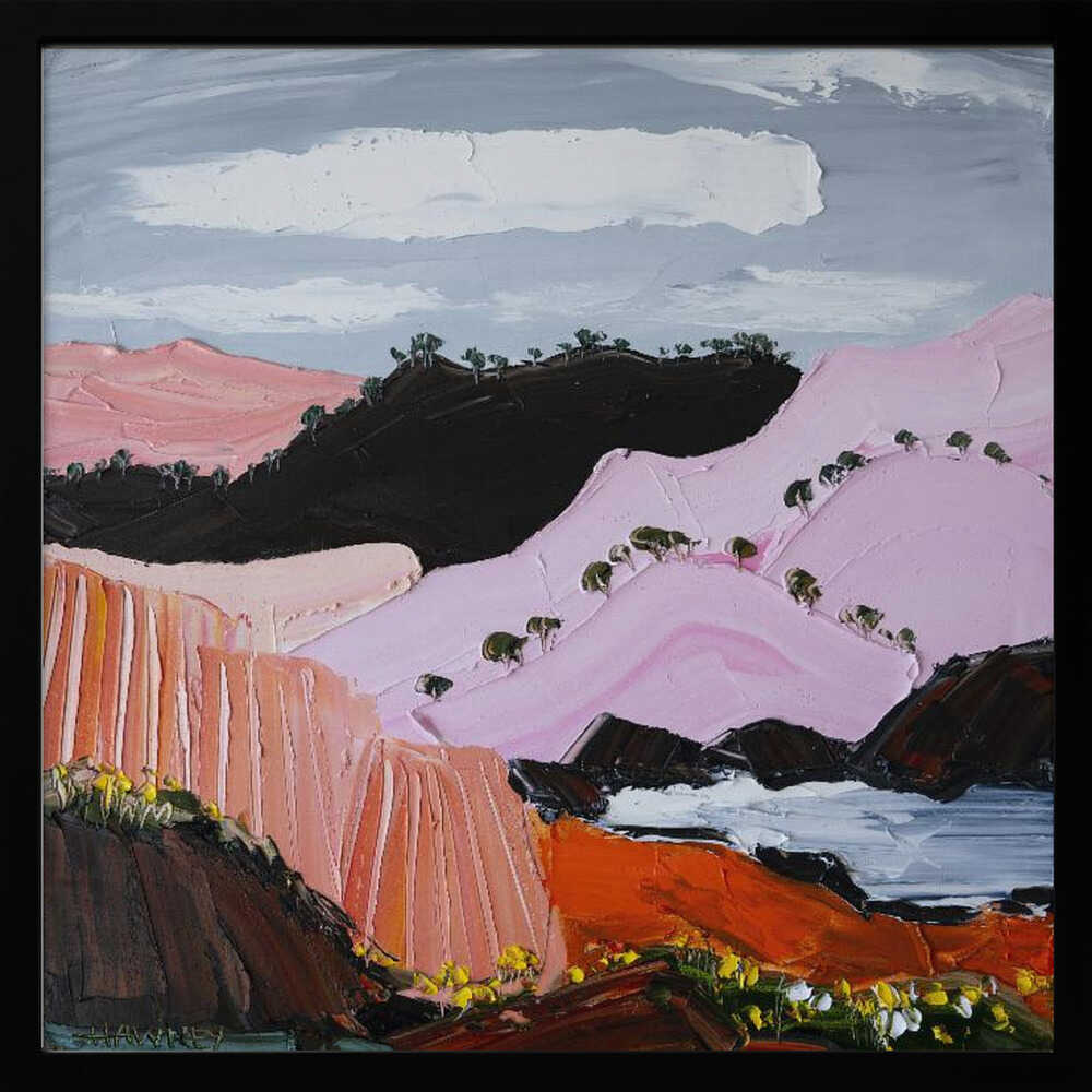 Pink Coastal Mountains - Square Stretched Canvas, Poster or Fine Art Print by Angela Hawkey - I Heart Wall Art - Poster Print, Canvas Print or Framed Art Print