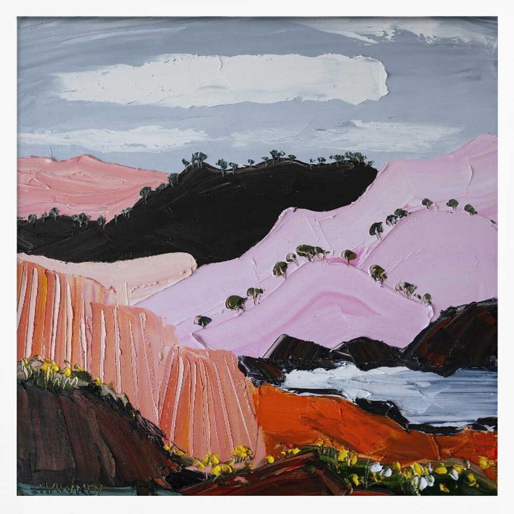 Pink Coastal Mountains - Square Stretched Canvas, Poster or Fine Art Print by Angela Hawkey - I Heart Wall Art - Poster Print, Canvas Print or Framed Art Print