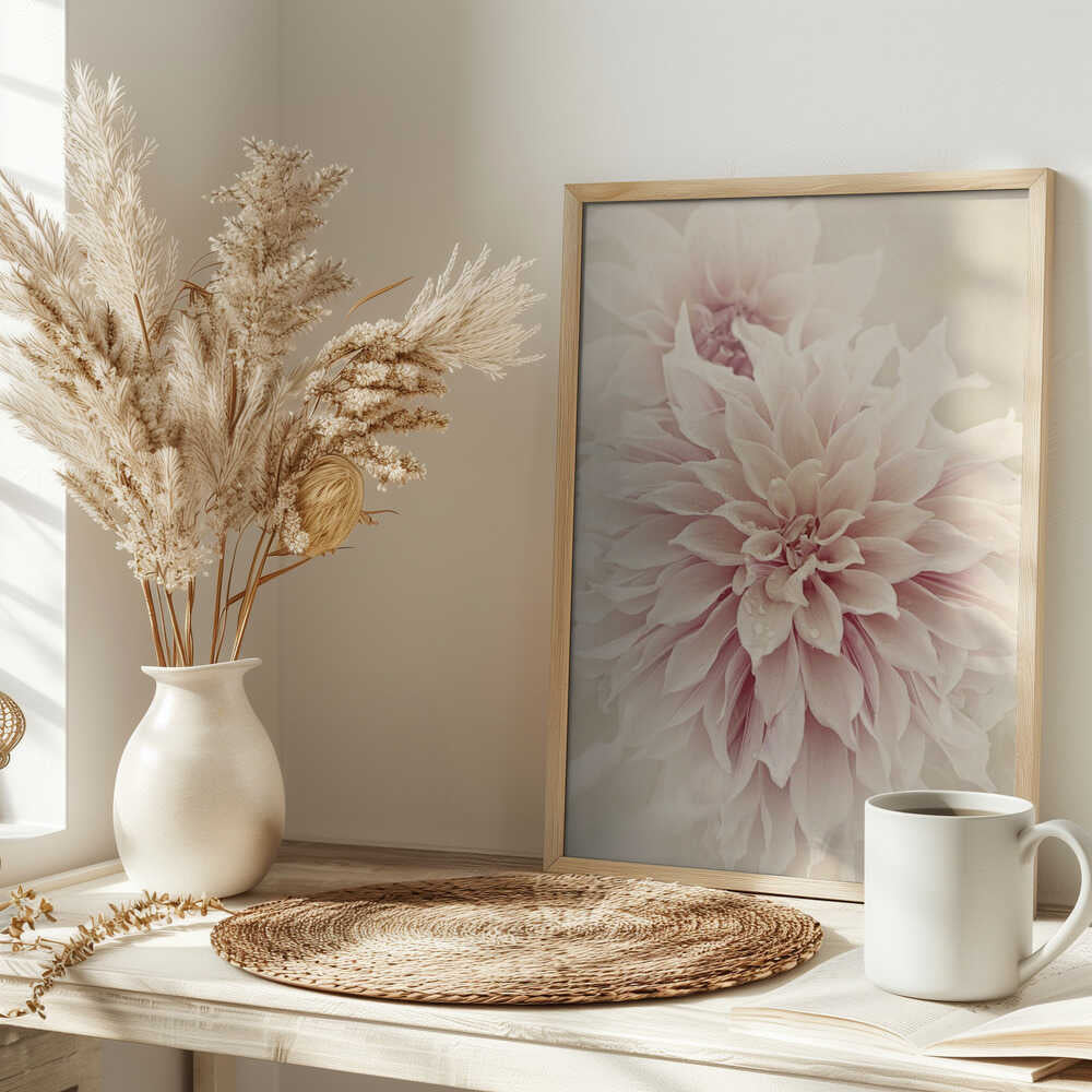 Pink Dahlia Dream - Floral Photographic Stretched Canvas Poster or Fine Art Print