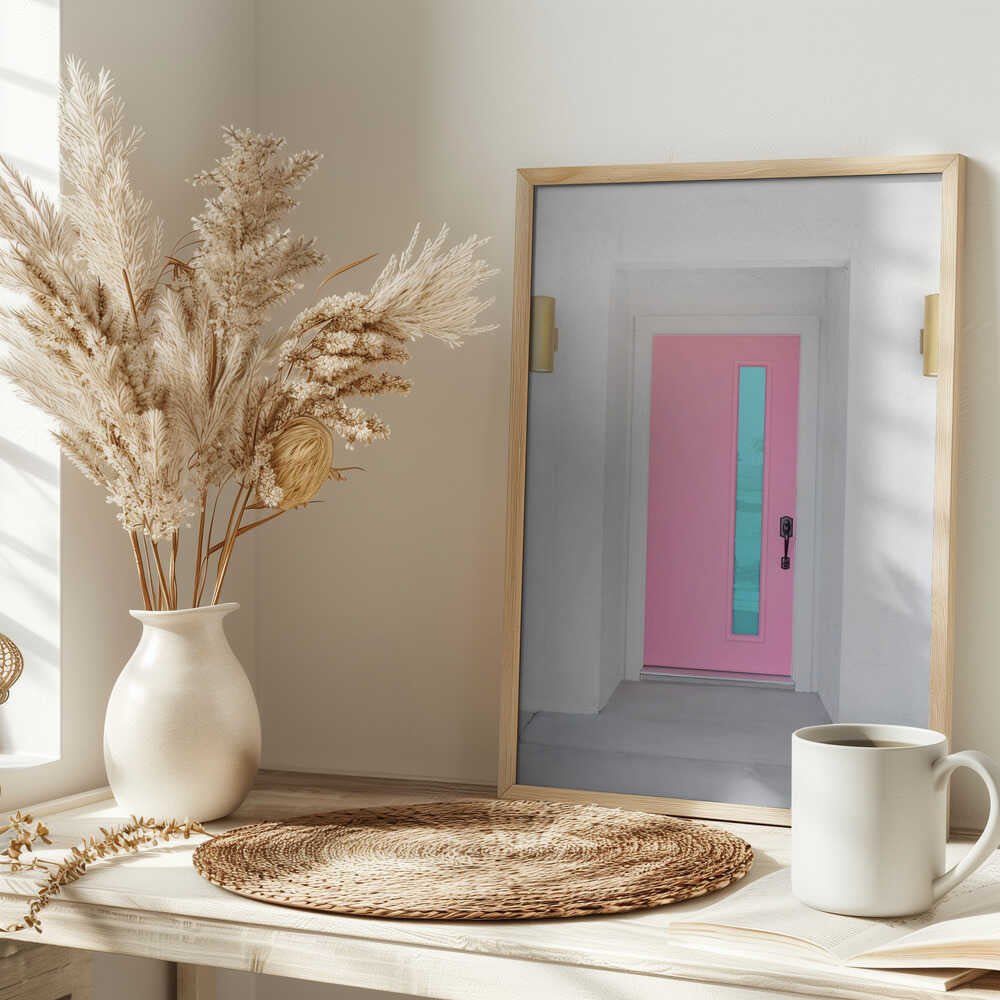 Pink Door with a Blue Window - Stretched Canvas, Poster or Fine Art Print - I Heart Wall Art - Poster Print, Canvas Print or Framed Art Print