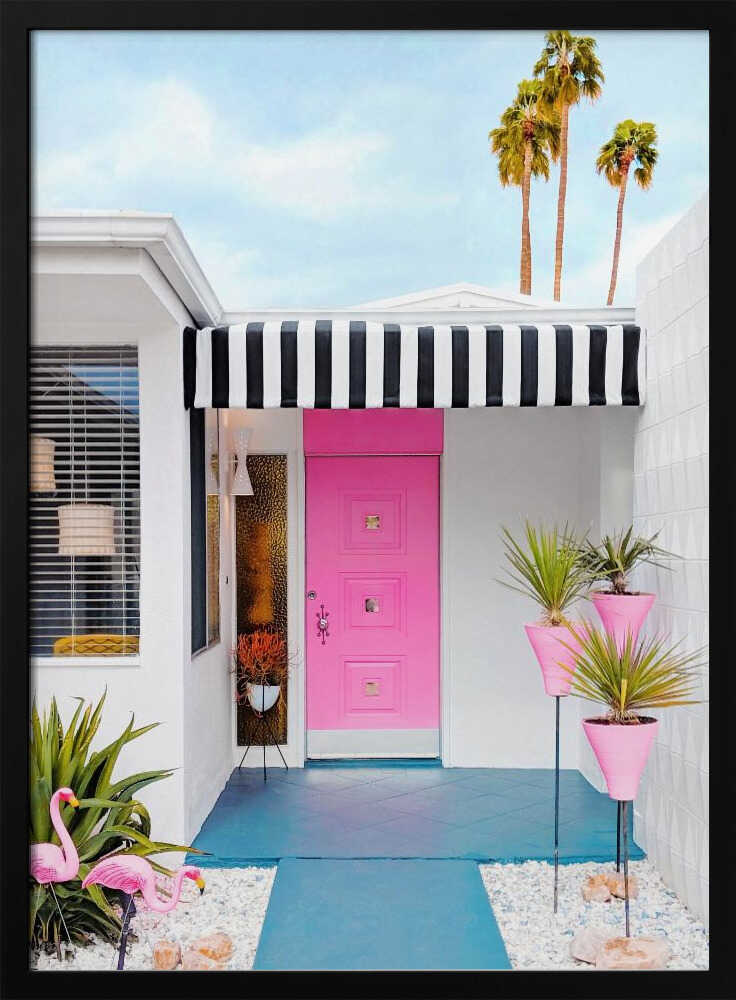 Pink Door with Yard Flamingos - Stretched Canvas, Poster or Fine Art Print - I Heart Wall Art - Poster Print, Canvas Print or Framed Art Print