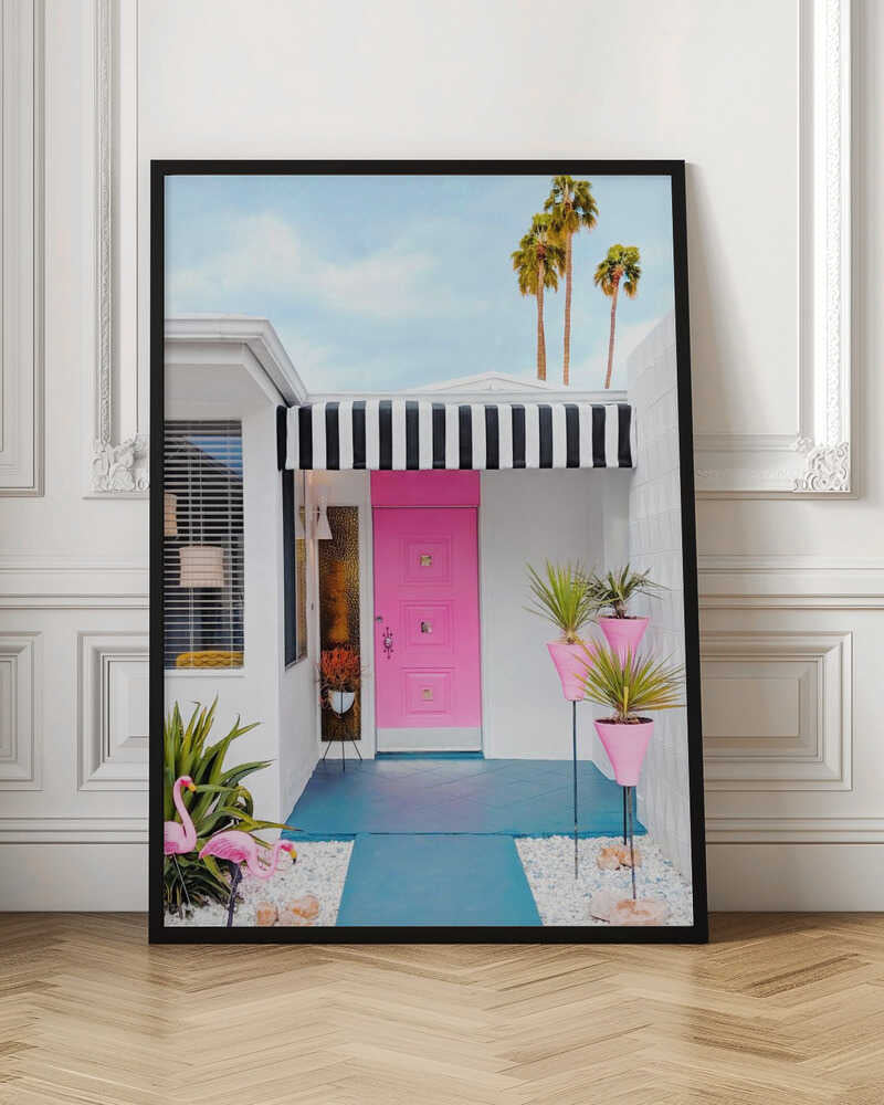 Pink Door with Yard Flamingos - Stretched Canvas, Poster or Fine Art Print - I Heart Wall Art - Poster Print, Canvas Print or Framed Art Print