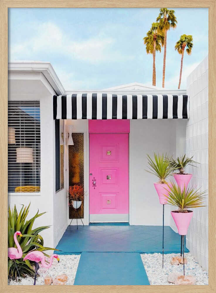 Pink Door with Yard Flamingos - Stretched Canvas, Poster or Fine Art Print - I Heart Wall Art - Poster Print, Canvas Print or Framed Art Print